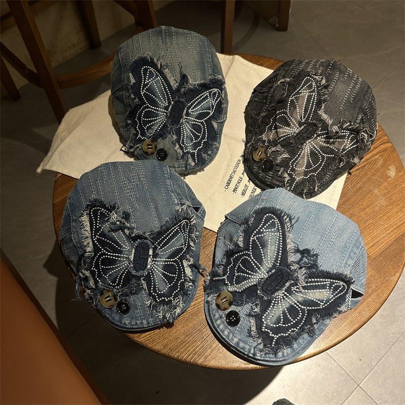 Y2K Rhinestone Butterfly Distressed Denim Newsboy Cap Streetwear Beret