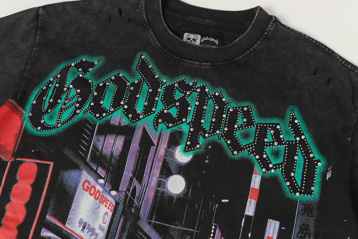Godspeed City Car Rhinestone Graphic T-Shirt